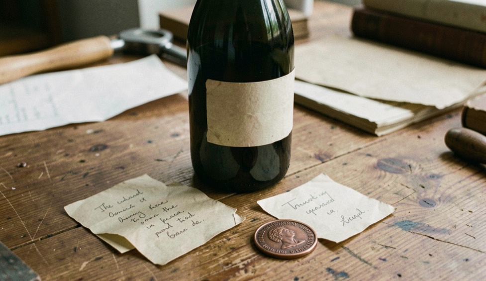 Unlabeled dark glass wine bottle, archival paper slips, and a copper seal arranged on a warm oak worktable