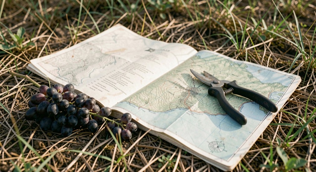 Open field ledger beside a folded contour map, pruning shears, and a loose cluster of dark wine grapes