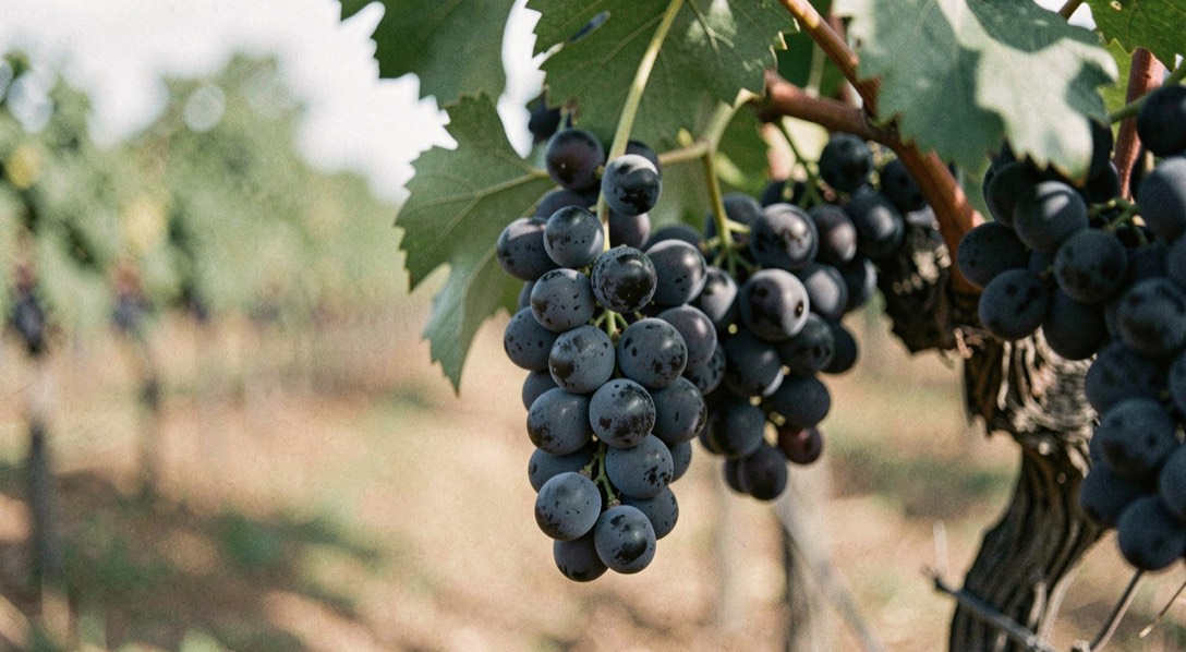 Cabernet grapes with blue-black bloom photographed in shade against a softly blurred vineyard row