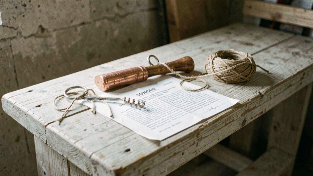 Copper tasting thief, corkscrew, twine, and a folded source sheet on an old pale wood cellar bench