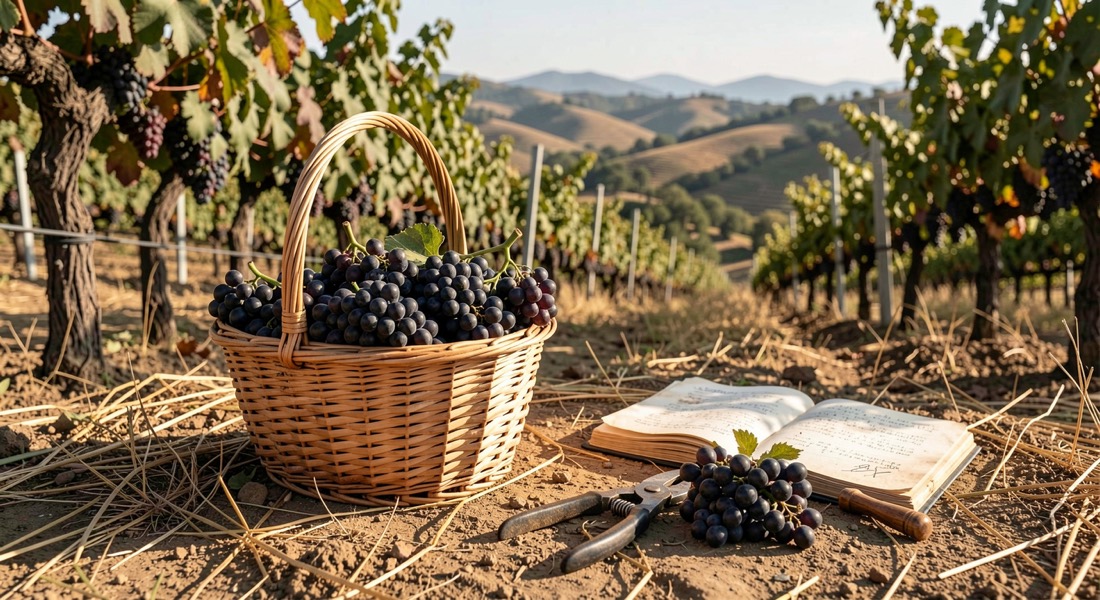 Dark grape clusters in a small harvest basket beside vine clippers and dusty field notes at a sunlit foothill parcel