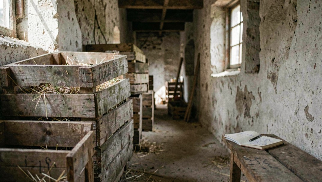 Weathered harvest crates and a handwritten field notebook in a quiet cellar corridor with morning side light