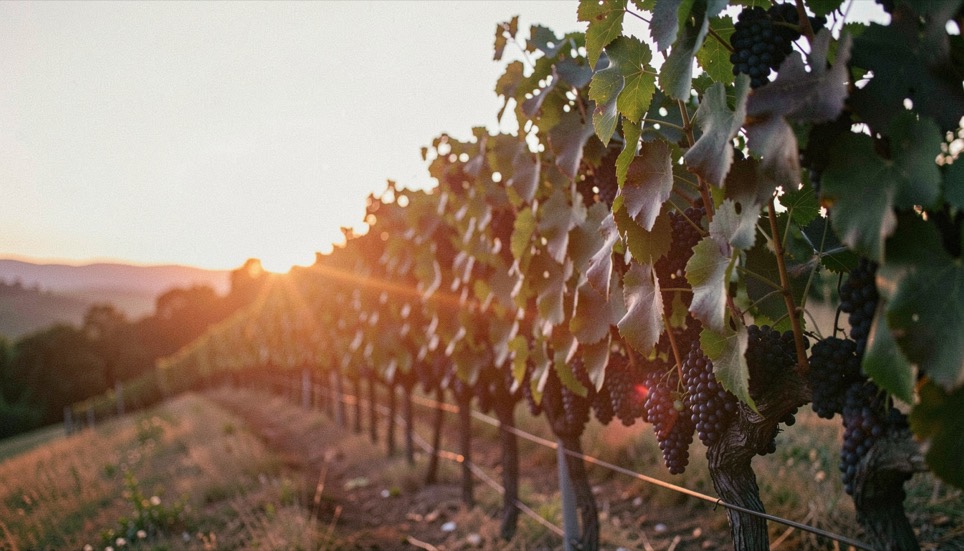 Syrah vine canopy and dark fruit catching low copper-colored sunset light along a sloped parcel