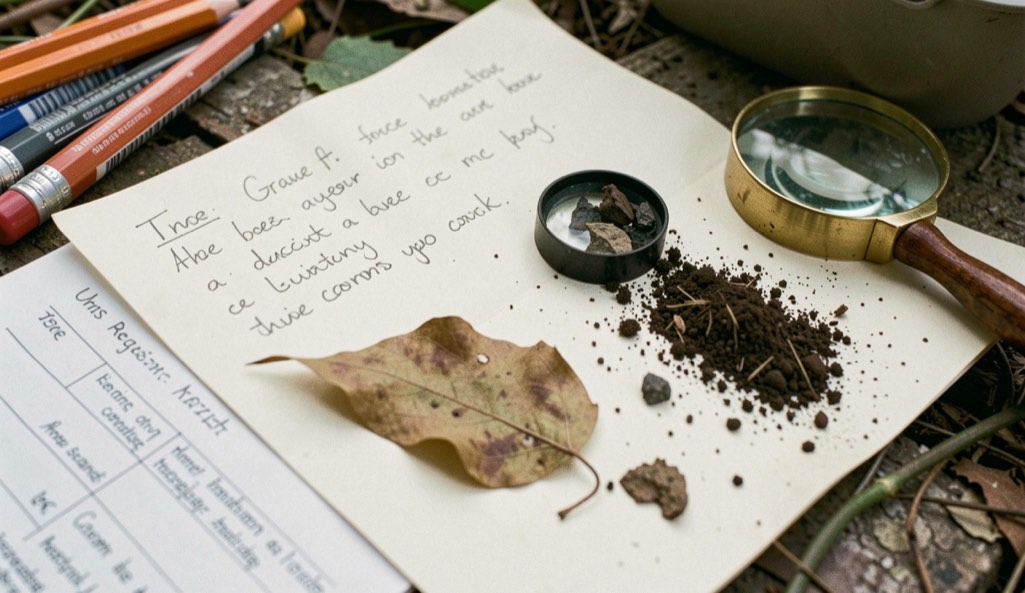 Pencil notes, a hand lens, dried vine leaf, and soil fragments on cream paper in a field research kit