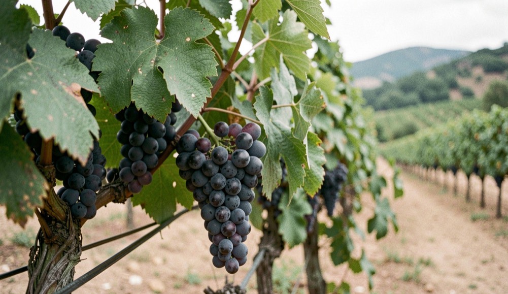 Close natural-light view of ripe Zinfandel clusters hanging among textured green leaves in a hillside vineyard